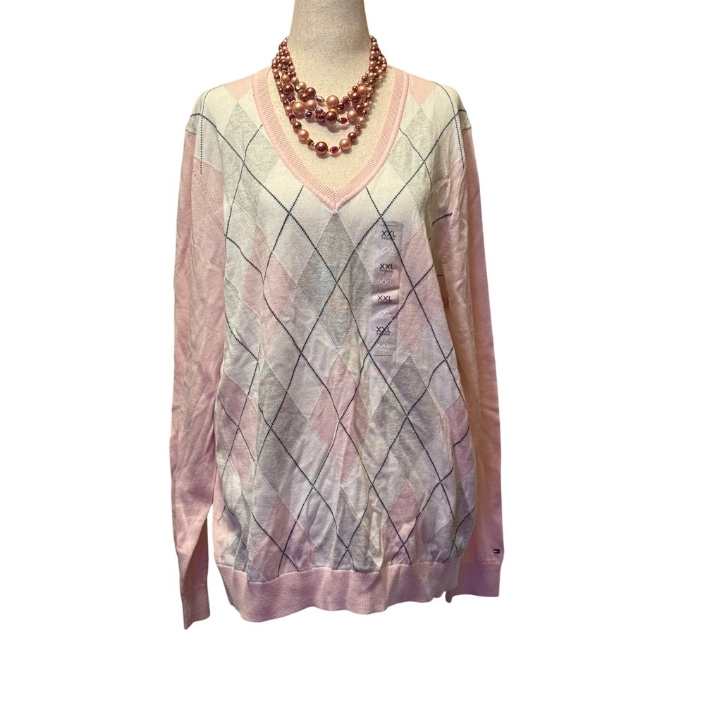 Tommy‎ Hilfiger Womens XXL Pink Argyle V-Neck 100% Pima Cotton Sweater